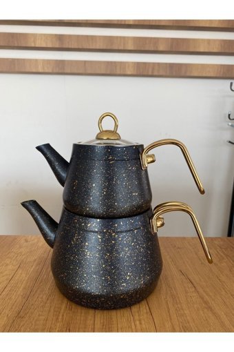Kısmet Metal Gold Renk Kulplu Cam Kapaklı Granit Çaydanlık