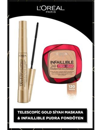 L'oréal Paris Telescopic Hacim Veren Siyah Maskara + Infaillible 24H Fresh Pudra Fondöten 120 Vanilla