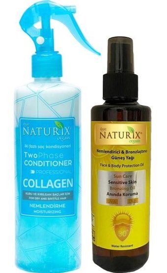 Naturix 30 Faktör Vücut İçin Bronzlaştırıcı Yağ 200 ml + Bitkisel Collagen Fön Suyu Iki Fazlı Sıvı Saç Kremi 400 ml