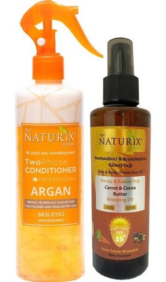 Naturix Havuç Yağı 15 Faktör Vücut İçin Bronzlaştırıcı Yağ 200 ml + Argan Yağlı Fön Suyu Iki Fazlı Sıvı Saç Kremi 400 ml
