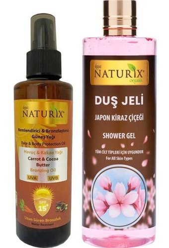 Naturix Havuç Yağı 15 Faktör Vücut İçin Bronzlaştırıcı Yağ 200 ml + Organik Japon Kirazı Duş Jeli 400 ml