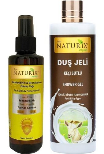 Naturix 30 Faktör Vücut İçin Bronzlaştırıcı Yağ 200 ml + Keçi Sütü Nemlendirici Duş Jeli 400 ml
