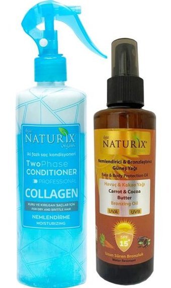 Naturix Havuç Yağı 15 Faktör Vücut İçin Bronzlaştırıcı Yağ 200 ml + Collagen Fön Suyu Sıvı Saç Kremi 400 ml