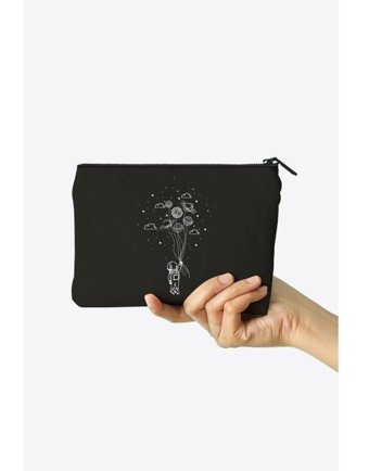 Clutch Çok Renkli Balonla Uçan Astronot Desenli Kanvas Makyaj Çantası