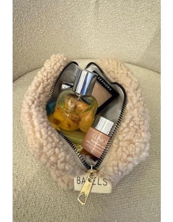 Bahels Bej Düz Peluş Makyaj Çantası
