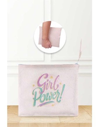 Gizeo Concept Çok Renkli Girl Power Desenli Keten Makyaj Çantası