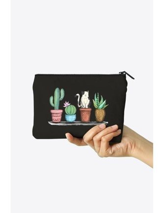 Clutch Çok Renkli Kaktüs Kedi Desenli Kanvas Makyaj Çantası