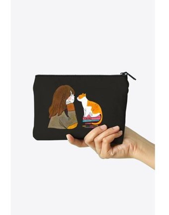 Clutch Çok Renkli Kedili Kız Desenli Kanvas Makyaj Çantası