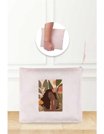 Gizeo Concept Çok Renkli Botanical Abstract Women Desenli Keten Makyaj Çantası