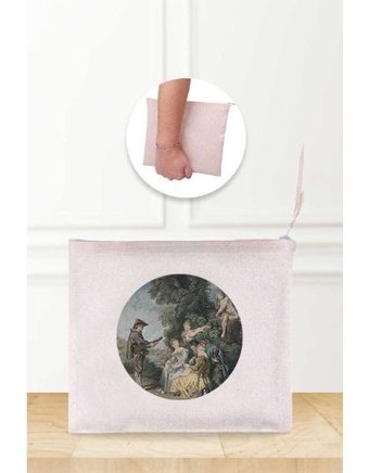 Gizeo Concept Çok Renkli Antoine Watteau La Leçon D'amour Desenli Keten Makyaj Çantası