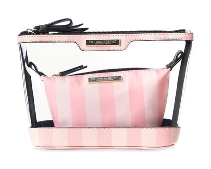 Victoria's Secret Beyaz Pembe Çizgi Desenli PVC Çok Gözlü Makyaj Çantası
