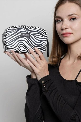 Marie Claire Beyaz Siyah Zebra Desenli Deri Makyaj Çantası