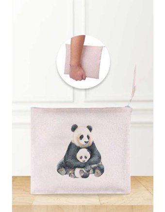 Gizeo Concept Çok Renkli Anne ve Yavru Panda Desenli Keten Makyaj Çantası