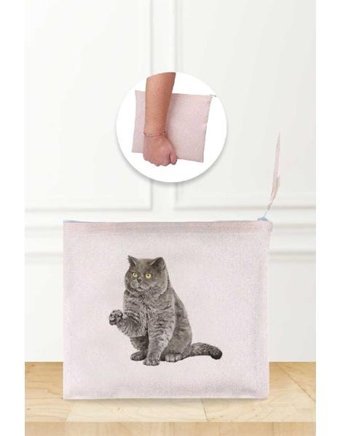 Gizeo Concept Çok Renkli British Cat Desenli Keten Makyaj Çantası