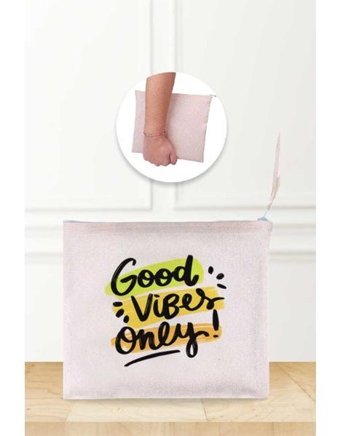 Gizeo Concept Çok Renkli Good Vibes Only Desenli Keten Makyaj Çantası