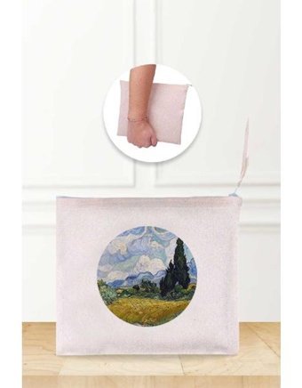 Gizeo Concept Çok Renkli Van Gogh Wheat Field Desenli Keten Makyaj Çantası