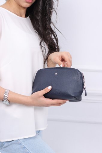 UK Leather Concept Lacivert Düz Deri Makyaj Çantası