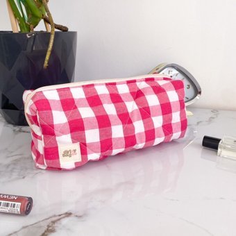 Homeyandlovey Beyaz Pembe Ekose Desenli Tekstil Makyaj Çantası