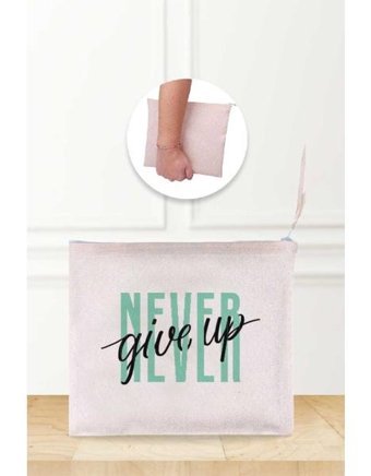 Gizeo Concept Çok Renkli Never Give Up Desenli Keten Makyaj Çantası