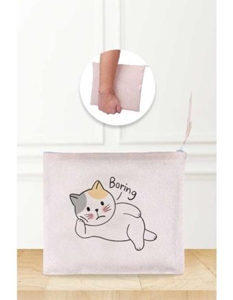 Gizeo Concept Çok Renkli Boring Cat Desenli Keten Makyaj Çantası