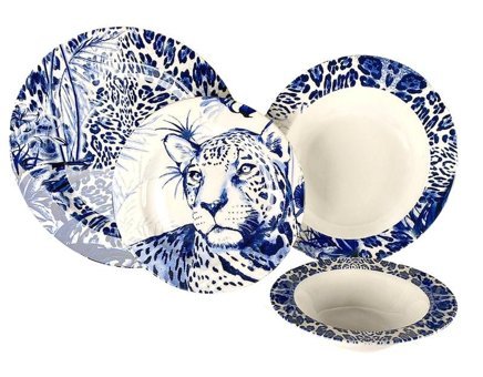 Zm Decor Leopar Mavi 24 Parça 6 Kişilik Porselen Yuvarlak Yemek Takımı