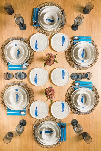 Chichi Home Blue Leaf Geo 24 Parça 6 Kişilik Porselen Yuvarlak Yemek Takımı