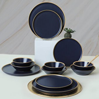 Keramika Mat Lacivert 24 Parça 6 Kişilik Stoneware Yuvarlak Yemek Takımı