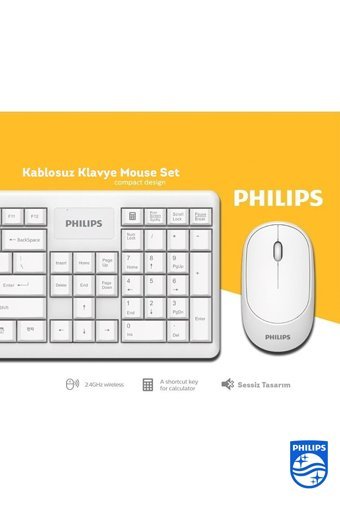 Philips Spt6314 C314 Sessiz Ergonomik Beyaz Kablosuz Klavye Mouse Seti