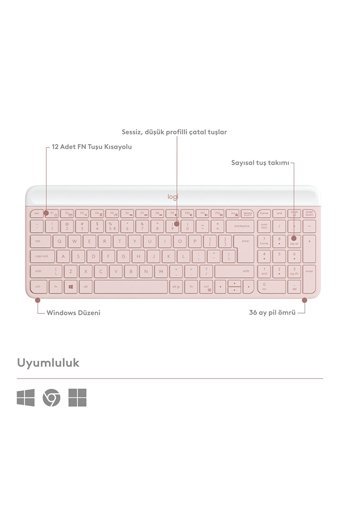 Logitech MK470 Sessiz Pembe Kablosuz Klavye Mouse Seti