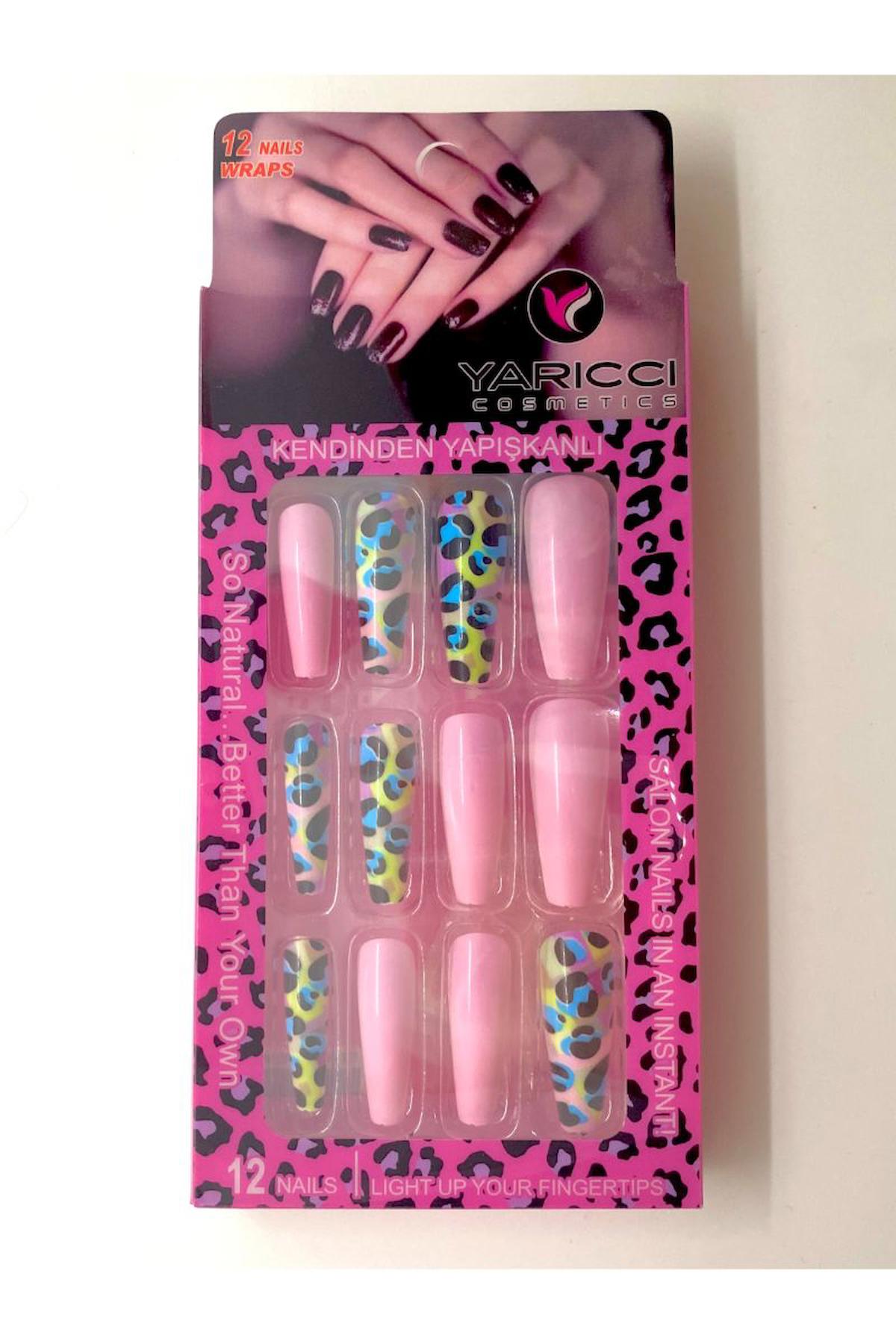 Monalisa Home Leoparlı Parlak 12'li Oval Pembe Takma Tırnak