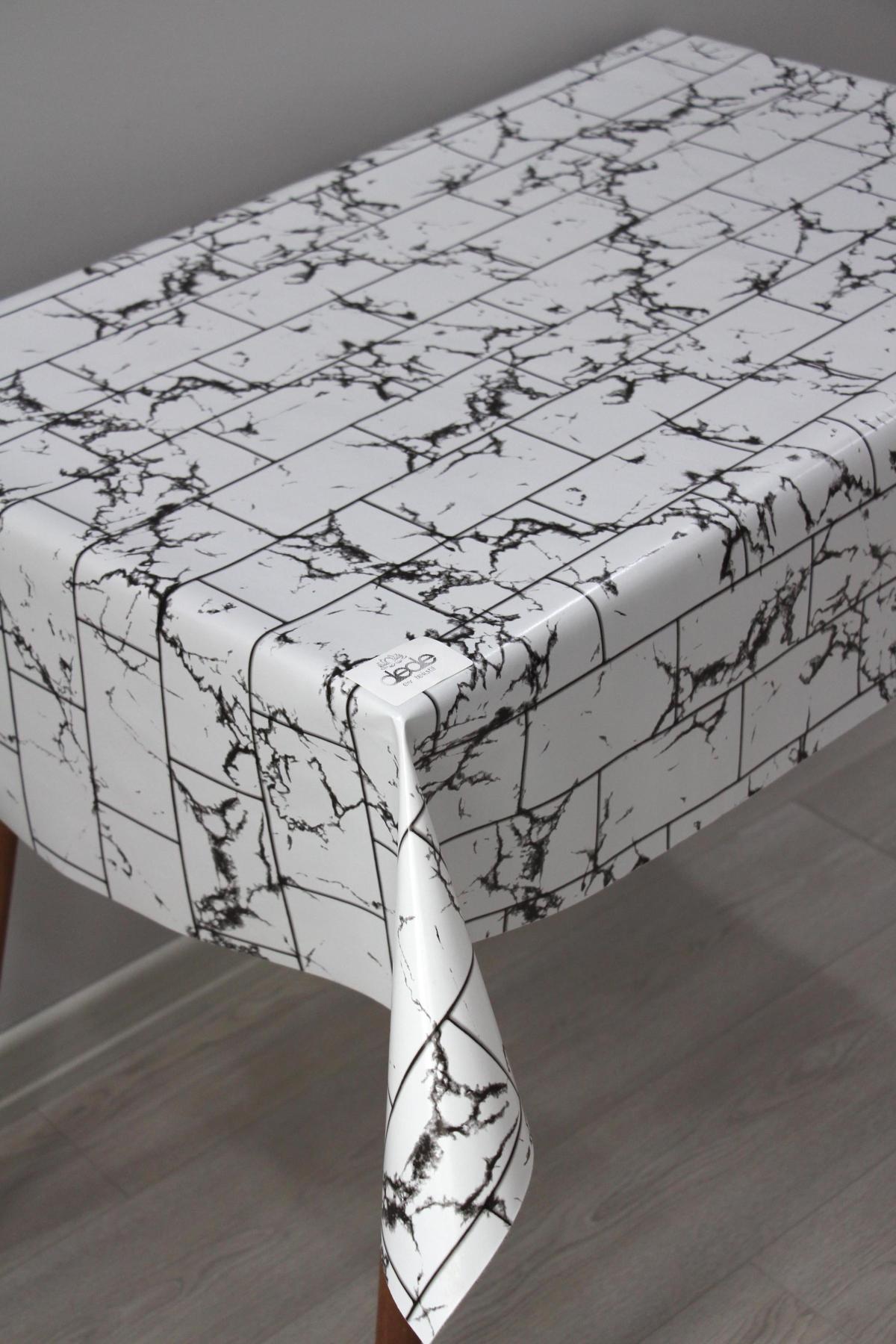 Dede Ev Tekstil PVC 140 x 260 cm Dikdörtgen Masa Örtüsü Beyaz-Siyah