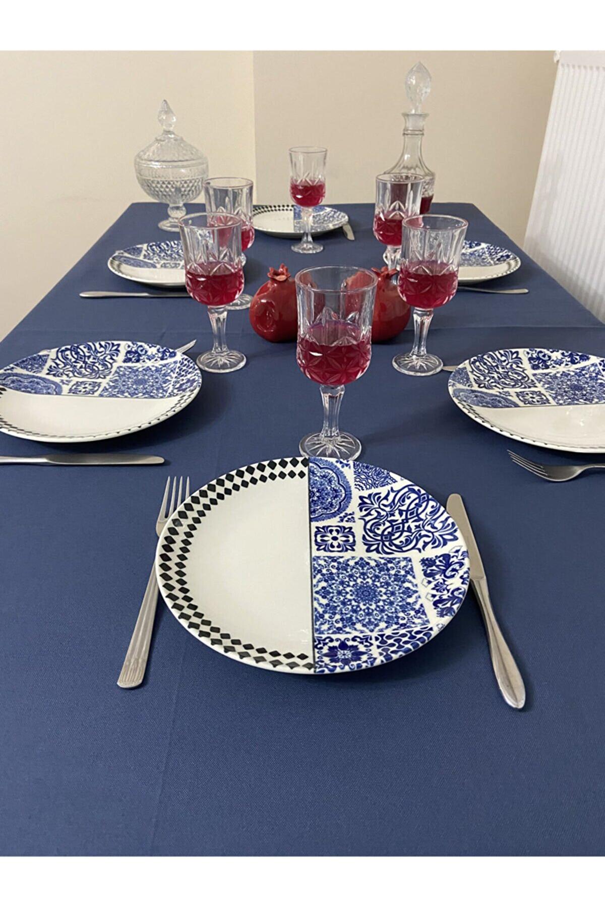 Zeren Home Pamuk-Polyester 140 x 220 cm Dertsiz Dikdörtgen Masa Örtüsü Mavi