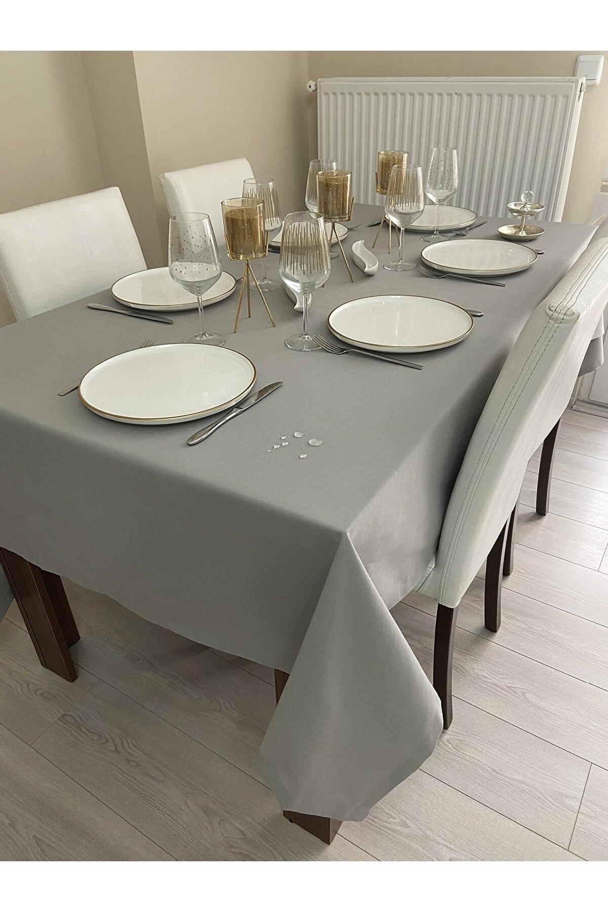 Zeren Home Pamuk-Polyester 140 x 220 cm Dertsiz Dikdörtgen Masa Örtüsü Gri