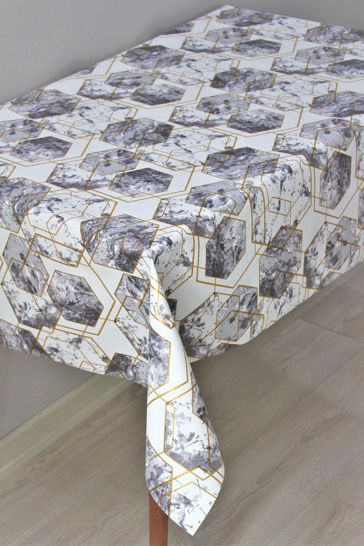 Dede Ev Tekstil PVC 140 x 140 cm Dikdörtgen Masa Örtüsü Beyaz-Gri