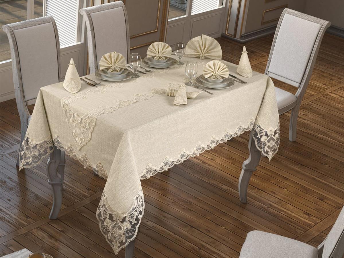 Çeyiz Diyarı Polyester 160 x 250 cm Dertsiz Dikdörtgen Masa Örtüsü Krem
