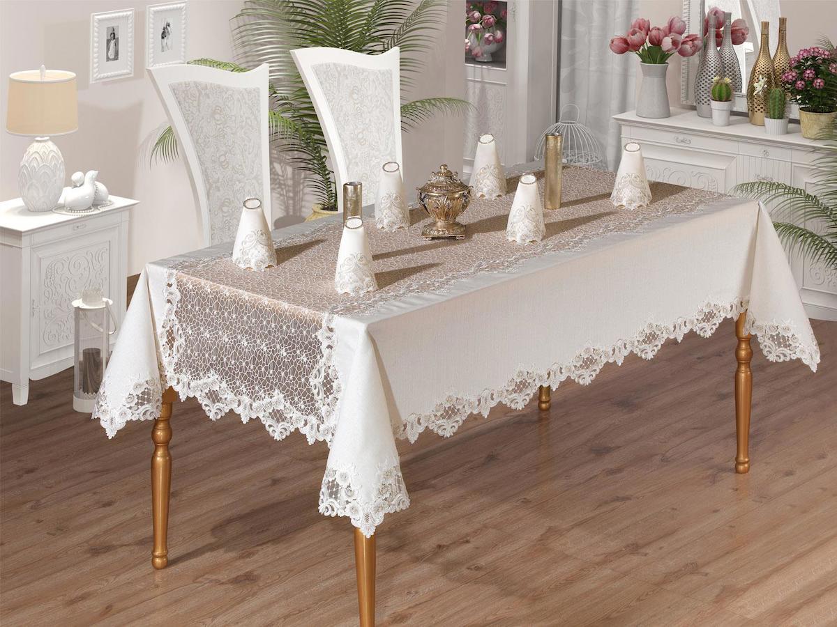 Çeyiz Diyarı İpek 160 x 220 cm Dertsiz Dikdörtgen Masa Örtüsü Krem