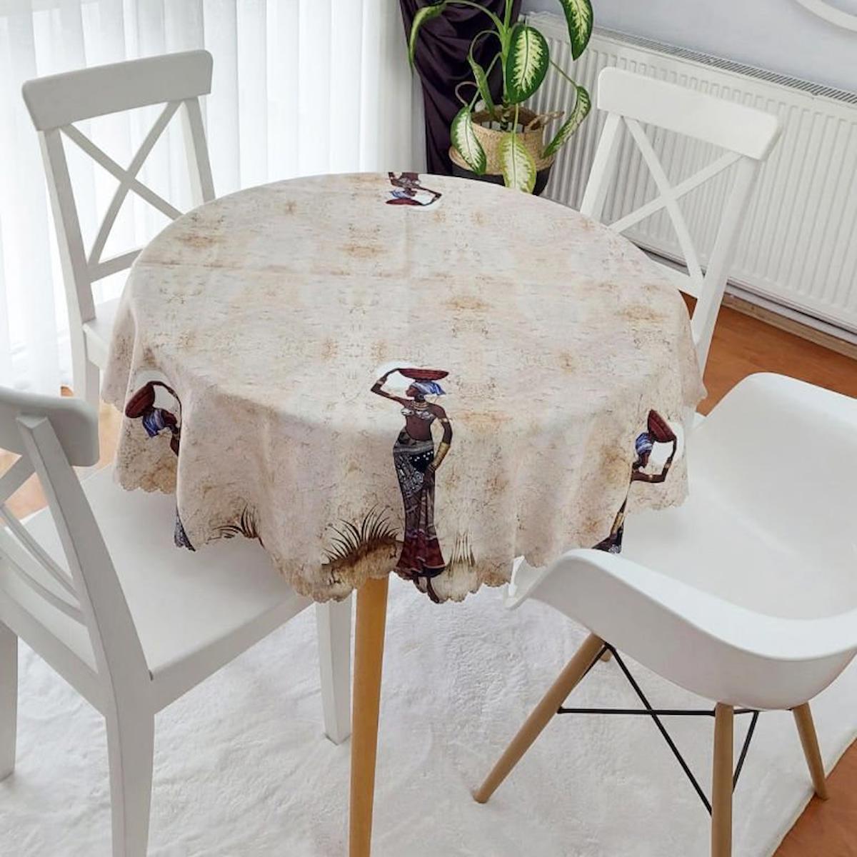 Gold Home Design Polyester 135 x 135 cm Yuvarlak Masa Örtüsü Bej