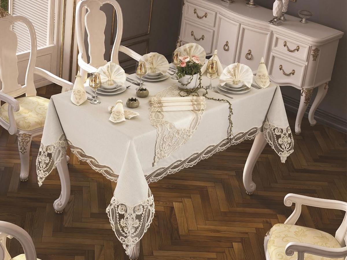 Çeyiz Diyarı Keten 160 x 220 cm Dertsiz Dikdörtgen Masa Örtüsü Krem