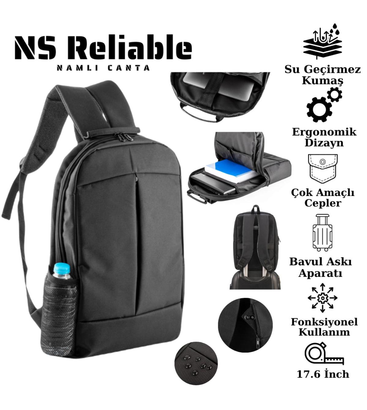 Ns Reliable 15.6 inç Tekstil Su Geçirmez Laptop Sırt Çantası Siyah