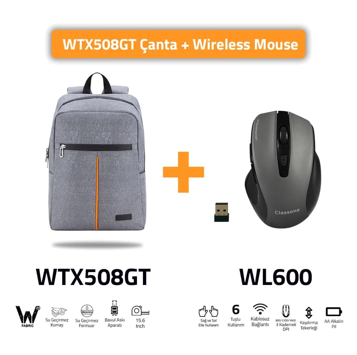 Classone Baskılı 15.6 inç Kumaş Su Geçirmez Laptop Sırt Çantası Gri-Turuncu + Kablosuz Mouse