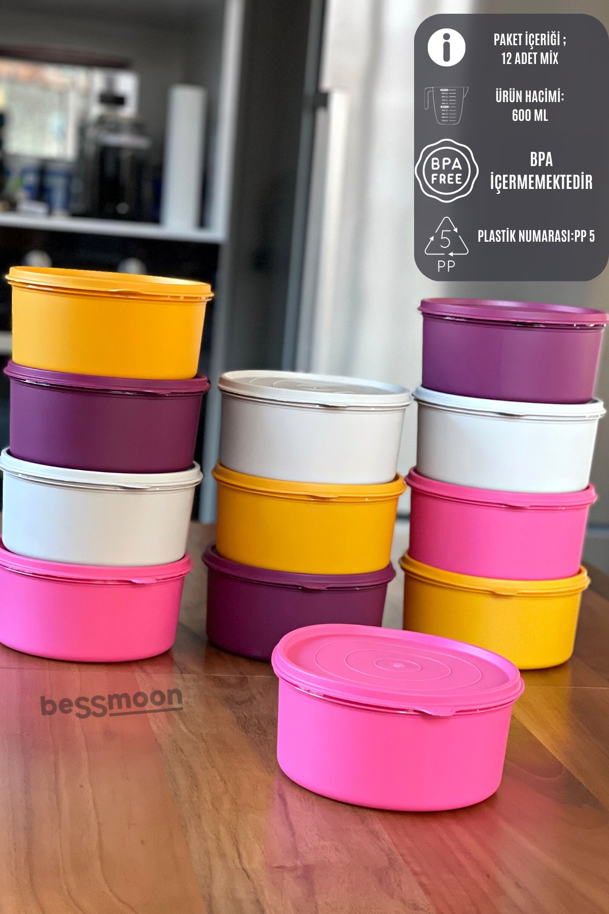 Bessmoon 24 Parça Yuvarlak Plastik Saklama Kabı 600 ml