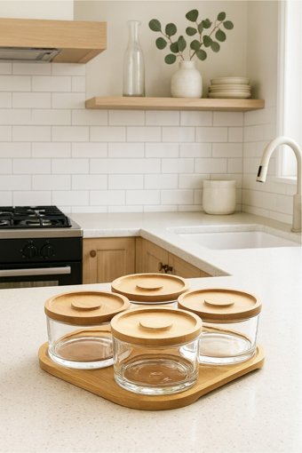 HOMİNG Homing 9 Parça Ahşap Bambu Kapaklı Ve Tepsili Cam Kahvaltılık