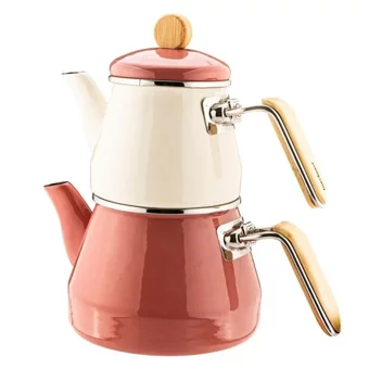 Bambum Lumino Bambu Kulplu Pembe Emaye Çaydanlık Takımı