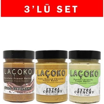 Laçoko Çikolatalı Fıstık 320 gr + Çifte Kavrulmuş Parçacıklı Fıstık + Az Kavrulmuş Fıstık Ezmesi 3'lü Set