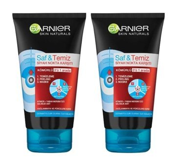 Garnier Saf & Temiz 3'ü 1 Arada Siyah Nokta Karşıtı Kömürlü Yüz Temizleyici Peeling 2x50 ml