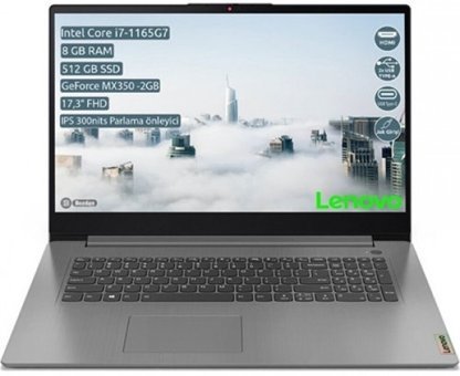 Lenovo IdeaPad 3 82H900BNTX04 Harici GeForce MX350 Ekran Kartlı Intel Core i7 1165G7 12 GB Ram DDR4 1 TB SSD 17.3 inç FHD Windows 11 Home Laptop