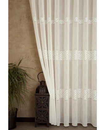 Vrc Desen Keten Orta Sık Pile Tül Perde, Ekru, 400X260