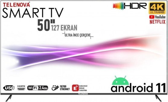Telenova Revo 50 50 inç 4K Ultra HD 126 Ekran Çerçevesiz Flat Uydu Alıcılı Smart Led Android Televizyon
