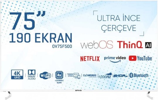 Onvo OV75F500 75 inç 4K Ultra HD 189 Ekran Çerçevesiz Flat Uydu Alıcılı Smart Led Webos Televizyon