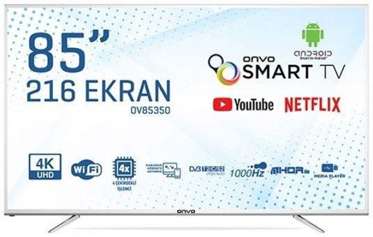 Onvo OV85350 85 inç 4K Ultra HD 216 Ekran Çerçevesiz Flat Uydu Alıcılı Smart Led Android Televizyon
